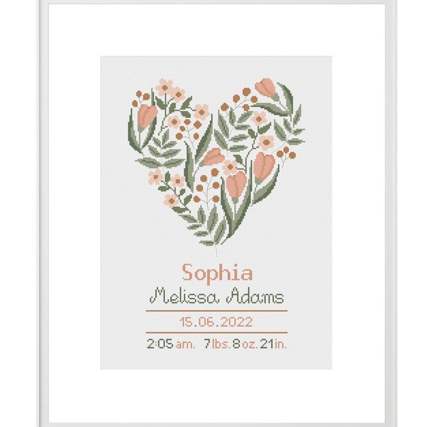 Floral heart cross stitch pattern, Baby girl name cross stitch, Birth announcement, Boho embroidery with child name, DIY personalized craft