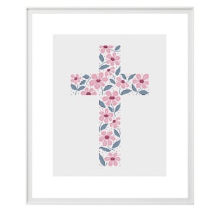 Kreuzstichmuster mit rosa Blumen und blauen Blättern, Moderne religiöse Stickerei, Botanisches DIY Handwerk, Kinderzimmerdekoration, Jesus Christ Zeichen
