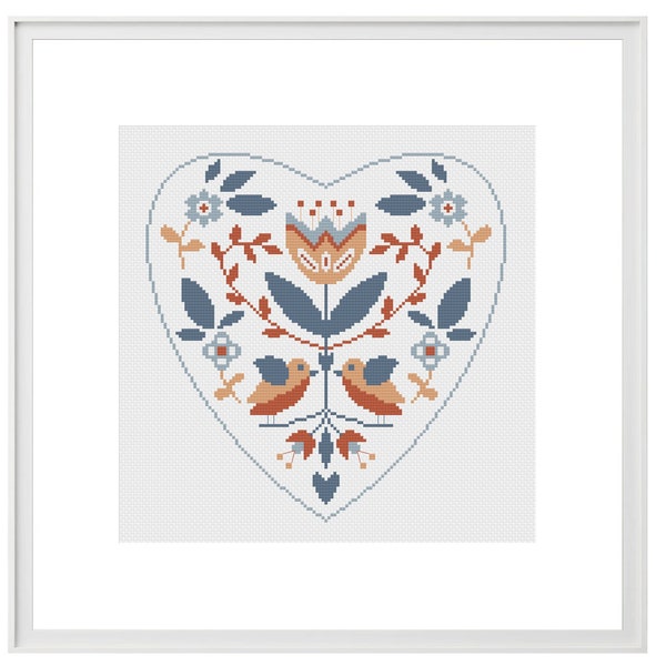 Folk style heart cross stitch pattern, Hygge symetrical embroidery with flower and birds, DIY Valentine gift, Scandinavian modern decoration