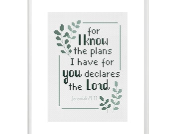 Bible verse cross stitch pattern, For I know the plans for you, Jeremiah 29 11, Christian quote wall art decoration, DIY minimalistic craft