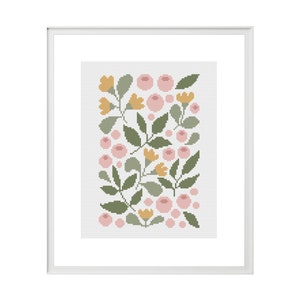 Einfach modernes Kreuzstichmuster, Blumen und Blätter Muster, Botanische Karte als PDF-Datei, Geschenk zur Geburt, Babyzimmer Basteln, Wanddeko in Pastellfarben