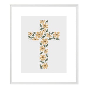 Christliches Kruzifix Kreuzstich PDF Muster, Moderne religiöse Stickkunst, Gelbe Blumen und grüne Blätter, Modernes botanisches Wandkunstdekor