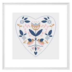 Modern cross stitch pattern in Scandinavian style, Symmetrical design with flowers and birds, Simply DIY embroidery craft, Counted PDF chart