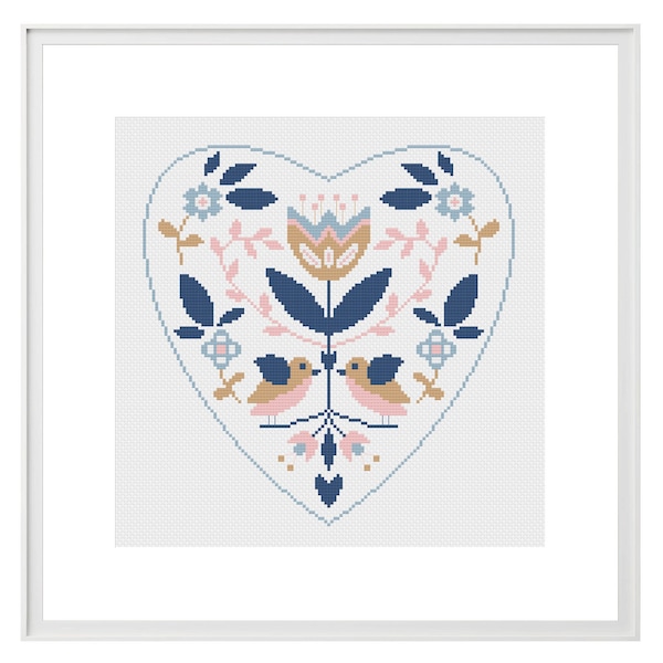 Modern cross stitch pattern in Scandinavian style, Symmetrical design with flowers and birds, Simply DIY embroidery craft, Counted PDF chart