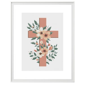 Religious cross stitch pattern, Christian cross with flowers and leaves, Catholic motif stitching, Crucifix wall decoration, Modern hoop art