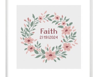 Pastel floral wreath cross stitch pattern, Baby girl birth announcement, Baby name DIY maternity gift, Child name wall decoration PDF file