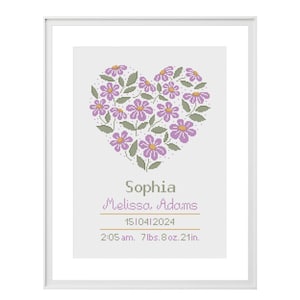 May include: Cross stitch pattern featuring a heart made of purple flowers with green leaves. The text below reads "Sophia Melissa Adams 1510412024 2:05 am. 7 lbs. 8oz. 21in."