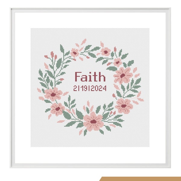 Pastel floral wreath cross stitch pattern, Baby girl birth announcement, Baby name DIY maternity gift, Child name wall decoration PDF file