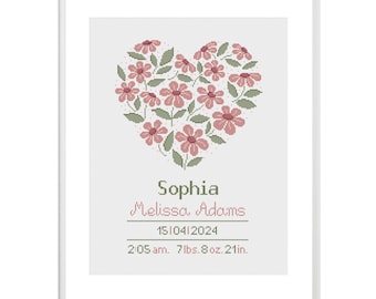 May include: Cross stitch pattern featuring a heart made of pink flowers with green leaves. The text "Sophia Melissa Adams 1510412024 2:05 am. 7 lbs. 8 oz. 21 in." is below the heart.