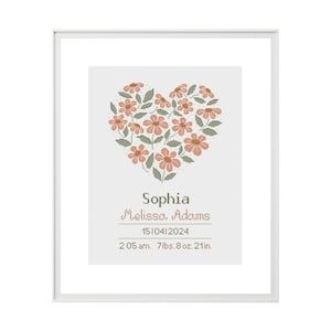 Motif floral coeur point de croix, prénom bébé fille point de croix, faire-part de naissance, broderie bohème avec nom d'enfant, créations personnalisées DIY