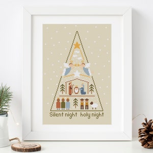 Christmas cross stitch pattern, Nativity scene with Holy Family, Angles, Three Kings, Shepherds, Christmas tree embroidery, Silent night PDF