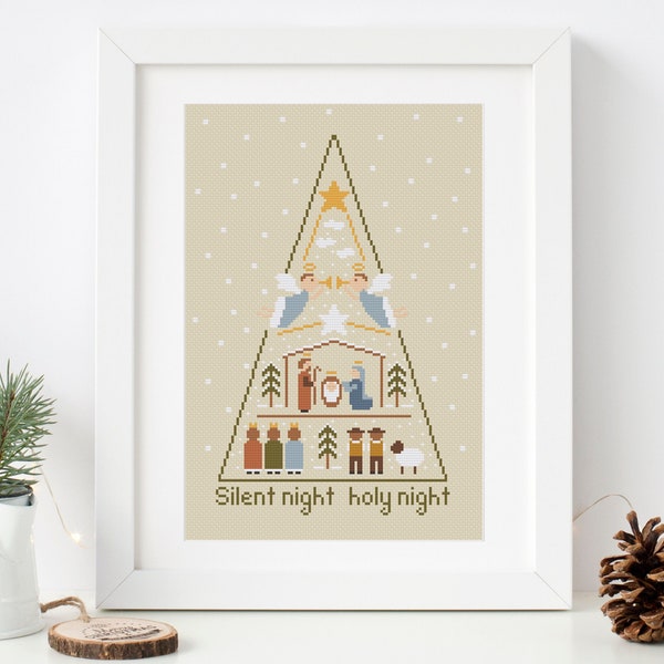 Grille point de croix de Noël, Crèche de Noël avec la Sainte Famille, Angles, Rois mages, Bergers, Broderie de sapin de Noël, Nuit silencieuse PDF