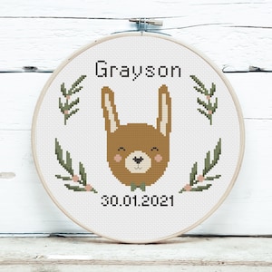 Anuncio de nacimiento de niño, Patrón de punto de cruz de animales, Diseño de conejito animal dulce, DIY personalizable, Descarga digital PDF