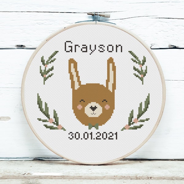 Baby boy birth announcement, Animal cross stitch pattern,  Sweet animal bunny design, DIY customizable, PDF digital download