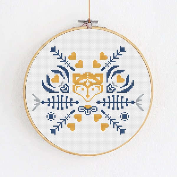 Fox folk cross stitch pattern in Scandinavian style, Modern hygge embroidery design, Cute small needlework sampler, Scandi hoop decoration