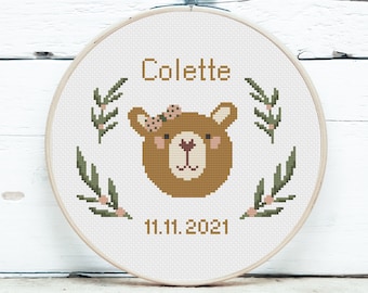 Baby birth announcement cross stitch pattern, Sweet bear design, Baby girl nursery decor, DIY customizable, Digital download