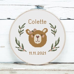 Baby birth announcement cross stitch PDF pattern,Sweet bear design,Baby girl nursery decor,DIY customizable,Simply wall art,Digital download