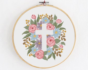 Christliches Kreuz in Blumen Kreuzstichmuster, Bunte florale religiöse Stickerei, Botanische Stickvorlage PDF, Modernes DIY Handwerk