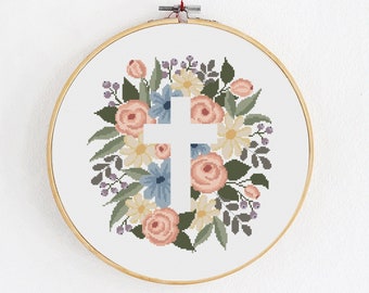 Religious cross stitch pattern, Jesus Christ cross in flowers, Christian modern embroidery design, Botanical crucifix in vintage color