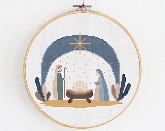 Modern Nativity scene cross stitch pattern, Holy Family DIY craft, Christmas wall decoration, Jesus birth scene from Bible, PDF file