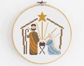 Small Nativity scene cross stitch pattern, DIY Christmas craft, Christmas tree ornament, Jesus, Mary and Joseph in Bethlehem, Counted chart