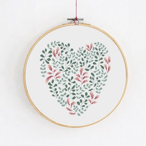 Floral heart cross stitch pattern, Delicate modern hoop embroidery decoration, Wedding DIY craft, Botanical girl room wall art decor