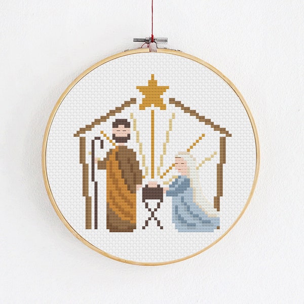 Small Nativity scene cross stitch pattern, DIY Christmas craft, Christmas tree ornament, Jesus, Mary and Joseph in Bethlehem, Counted chart