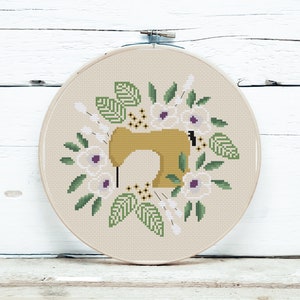 Sewing machine with flowers cross stitch pattern, Hoop embroidery design, DIY trendy gift for crafter, Instant download embroidery pattern
