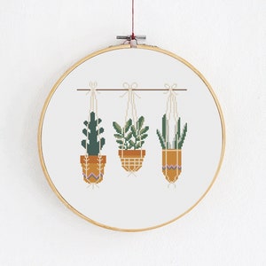 May include: Three potted plants hanging from a wooden dowel rod. The plants are a cactus, a leafy plant, and a succulent. The pots are a light brown color with a geometric pattern.