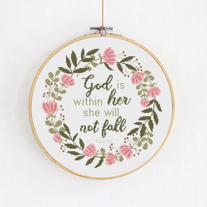 Psalm 46:5 cross stitch PDF pattern, Modern religious embroidery design, Christian Bible verse wall art, Floral wreath with religious saying