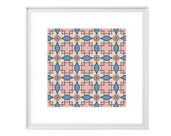 Sömlöst korsstygnsmönster, geometriska upprepande designer, moderna broderimönster, blå och rosa DIY-dekor, direkta nedladdningar