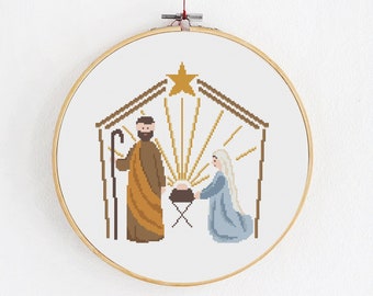 Weihnachtskrippe Kreuzstich PDF Stickmuster, Stickvorlage Jesus Geburt, Weihnachten DIY Basteln, Zählkarte mit Szene aus Bethlehem