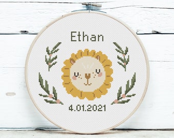 Baby birth announcement cross stitch pattern, Sweet animal lion design, Baby boy nursery decor, DIY customizable, Digital download