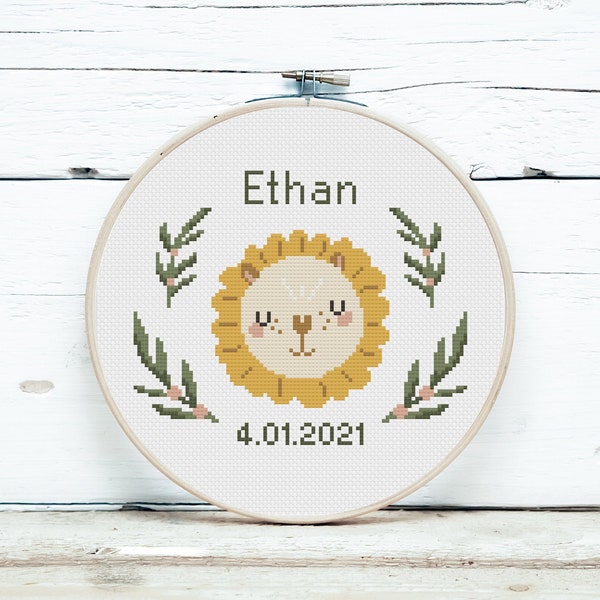 Baby birth announcement cross stitch pattern, Sweet animal lion design, Baby boy nursery decor, DIY customizable, Digital download