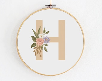 Letter H cross stitch pattern, Floral embroidery monogram, Decorative font with flowers, Baby girl birth announcement, DIY hobby craft