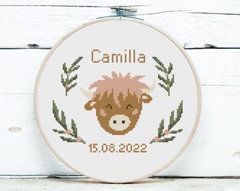 Baby birth announcement cross stitch PDF pattern, Sweet highland cow design, Baby funny nursery decor, DIY customizable, Digital download