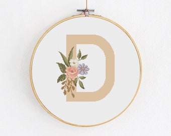 Floral initial D cross stitch pattern, Modern alphabet with flowers, Baby girl birth announcement, Nursery hoop wall art decor, DIY craft