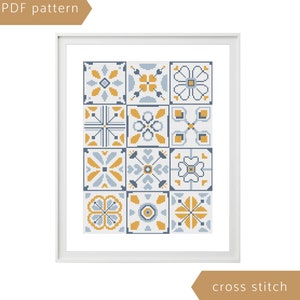 Flower folk cross stitch pattern, Modern tiles embroidery, Xstitch geometric PDF pattern, Counted chart, Instant download