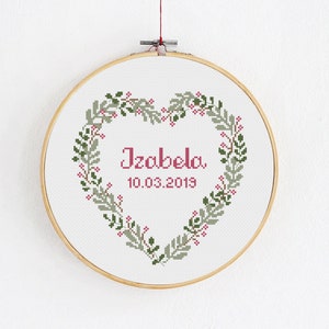 Baby girl birth announcement cross stitch pattern, Heart-shaped floral wreath embroidery, Flower border design, DIY personalized wall name