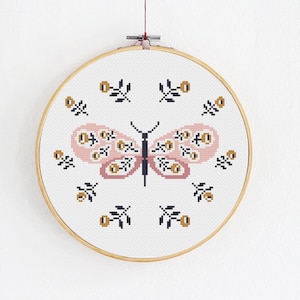 Pink butterfly cross stitch, nurcery decor, diy wall decor, modern hoop embroidery, pdf pattern, digital downloads