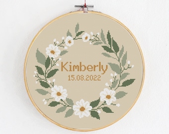 Baby girl birth announcement cross stitch pattern, New child name DIY craft, Floral heart-shaped wreath with flowers, and leaves, Wall art