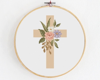 Religiöses Kreuzstich PDF Stickmuster, Jesus Kreuz mit zarten Blumen, Florale moderne Stickerei, DIY Handwerk mit romanischen Blumen