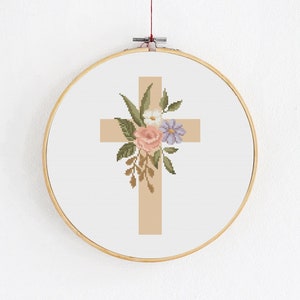 Religious cross stitch PDF pattern, Jesus Christ cross with delicate flowers, Floral modern embroidery art, DIY craft with romatnic flowers