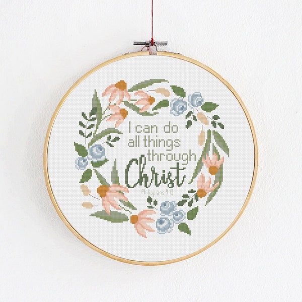 Religious cross stitch pattern, Floral wreath with inspirational quote, Bible phrase Philippians 4:13, Christian DIY craft, wall decoration