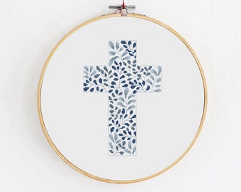 Modèle PDF religieux délicat au point de croix, croix chrétienne en bleu, motif floral botanique moderne, bricolage crucifix, décoration de salon