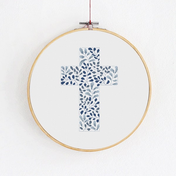 Religious delicate cross stitch PDF pattern, Christian cross in blue, Modern botanical floral design, DIY crucifix craft, Living room decor