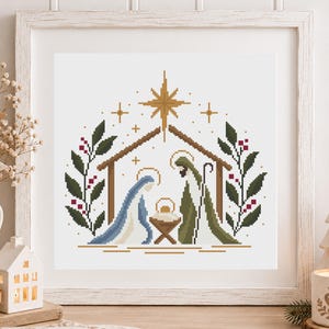 Nativity Cross Stitch Pattern, Holy Family Christmas Scene, Bethlehem Star, Floral Religious Embroidery, PDF