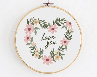 Heart-shaped floral wreath cross stitch pattern, Love you design, DIY Valentine's Day gift, Romantic modern embroidery,  Flowers and leaves