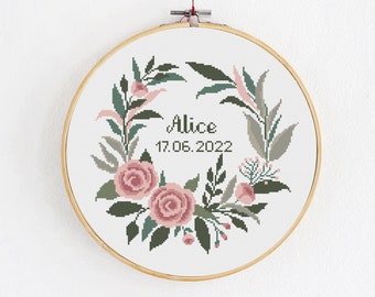 Baby Mädchen Name Kreuzstich PDF Muster, Modernes Blumendesign mit Rosen und Blättern, Geburtsanzeige mit Blumen, DIY Mutterschaftshandwerk