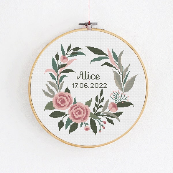 Baby girl name cross stitch PDF pattern, Modern floral design with roses and leaves, Birth announcement with flowers, DIY maternity craft